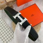 1:1  Hermes  Black Leather Belt  with Silver "H" buckle  Buckle with Pattern 3.8cm